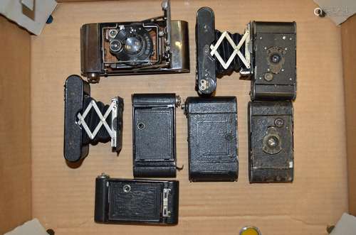 A Group of Folding Roll Film Cameras, including No 6 Ensign Carbine Tropical Model, Kodak Vest