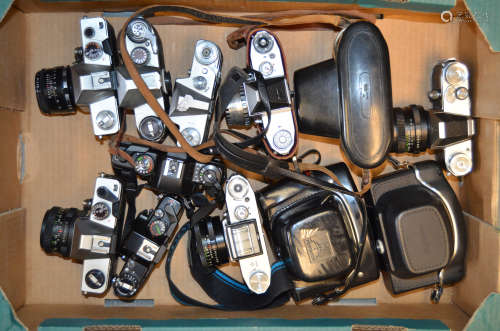 A Tray of East German SLR Bodies and Cameras, including Pentacon F, Praktica FX-2, Praktica VF,