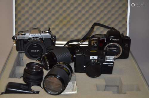 A Group of 35mm Cameras, Lenses and Accessories, including a Minolta X-300 SLR camera, winding lever