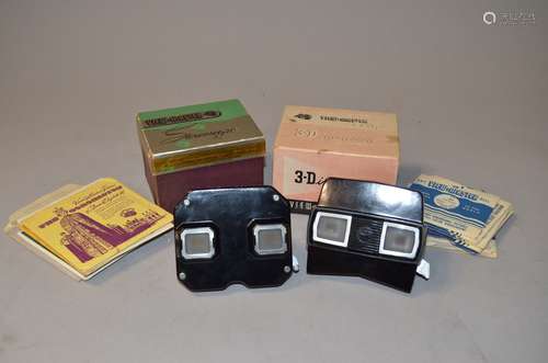 Sawyer View-Master Stereoscopes and Slides, two brown View-Master stereo viewers with North American