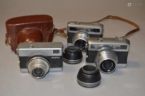 Three Carl Zeiss Jena Werra 35mm Cameras, a Werra 1c, missing lens cover, shutter working, a Werra