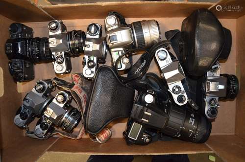 A Tray of Pentax SLR Cameras, including a LX camera, a ME camera, a ME Super camera, a MZ-50, SV