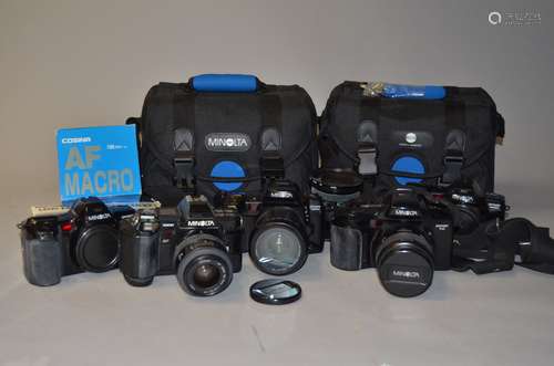 A Group of Minolta Dynax SLR Cameras, including a Dynax 7xi with an AF 28-105mm f/3.5-4.5 lens, a