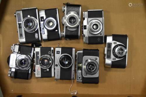 A Tray of Viewfinder Cameras, including Agfa Silette, Ilford Sportsman Auto RF, Kodak 35, Zeiss Ikon