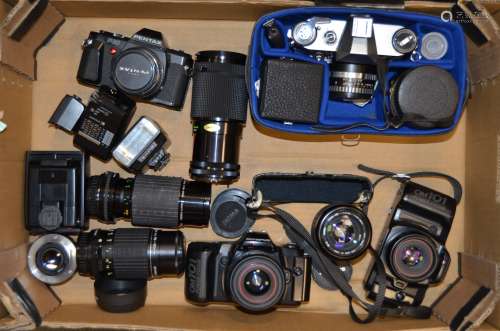 A Group of Olympus, Pentax and Praktica SLR Cameras, including Olympus OM101 cameras (2), a Pentax