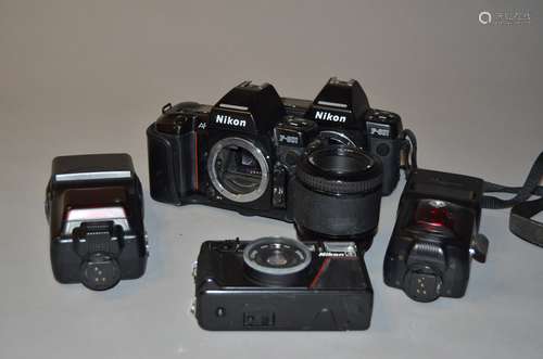 A Small Tray of Nikon Equipment, including Nikon F-801 camera bodies (2 examples), a Nikon L35AF