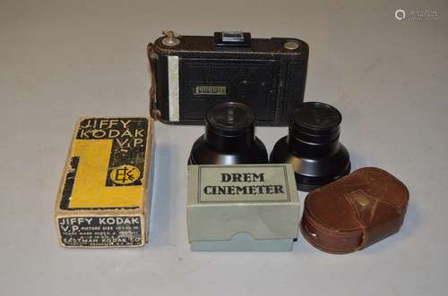 A Jiffy Kodak V P and a No 1 Kodak Jr Autographic Cameras, together with a Drem Cinemeter extinction