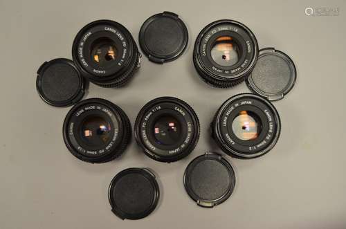 A Group of Canon FD Standard Lenses, including 50mm f/1.8 New FD (3 examples), 50mm f/2 (2