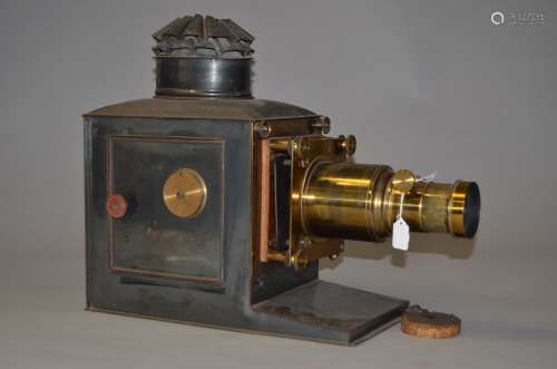 A Broadhurst Clarkson & Co Magic Lantern, mahogany, brass and Russian iron magic lantern with