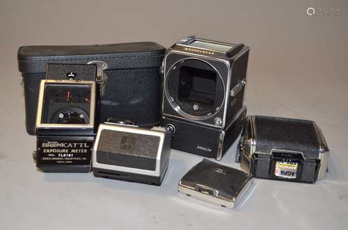 A Group of Medium Format Camera Components, including a Hasselblad 500 EL/M body (missing finder,