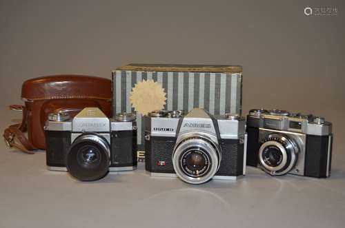 Two Leaf Shutter SLR Cameras, an Aires Penta (Reflex) 35 with a Q-Coral 5 cm f/2.8 lens in maker's