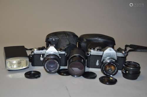 Two Pentax SLR Cameras and Lenses, a Pentax Spotmatic, shutter jammed, with a Super-Takumar 50mm