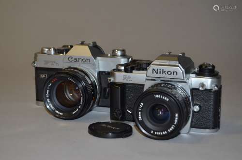 A Canon FTbN QL and Nikon FA SLR Cameras, serial no 628775, shutter working, with a Canon FD 50mm
