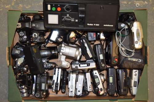A Tray of Film and Digital Cameras, including Canon, Fujifilm, Nikon, Olympus, Pentax, Ricoh