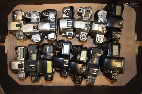A Tray of Canon EOS and Pentax AF SLR Bodies, including EOS 5 (missing battery cover), 10, 100, 300,