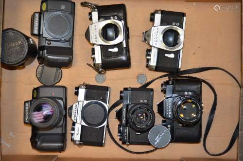 A Tray of Pentax SLR Bodies and Cameras, including Spotmatic bodies (2 examples), Pentax K1000 body,