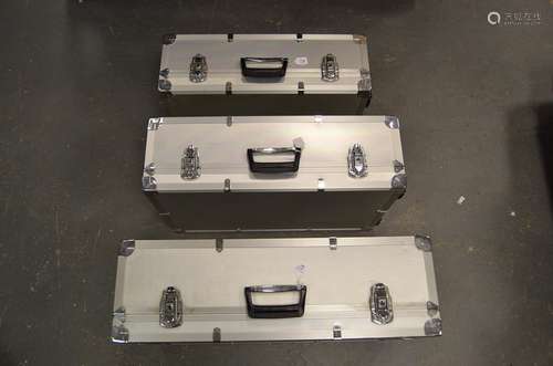 Three Large Aluminium Flight Cases, largest 72 x 46 x 22 cm, smallest 60 x 38 x 20 cm, with