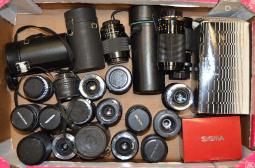 A Tray of Independent Zoom and other Lenses, including Hoya, Itorex, Miranda, Pentacon, Pentax,