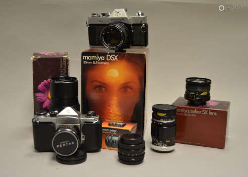 A Group of 35mm SLR Cameras and Lenses, including Mamiya DSX 1000, three Mamiya/Sekor SX auto