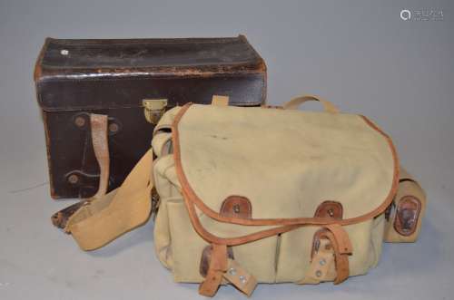 A Billingham Camera Bag, a 445 khaki/tan canvas bag, condition F, and a large leather holdall, 40