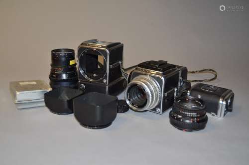 Hasselblad 500 Roll Film Camera Bodies and Lenses, including a Hasselblad 500 C body with WLF and