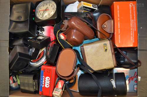 A Tray of Cameras and Accessories, including a Miranda MS-3 SLR camera, two Praktica SLR bodies, a
