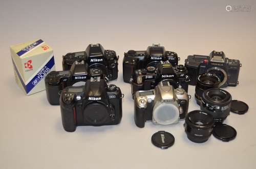 A Collection of Nikon SLR Bodies and Lenses, including Nikon D100, Nikon F75, Nikon N90s, Nikon F-