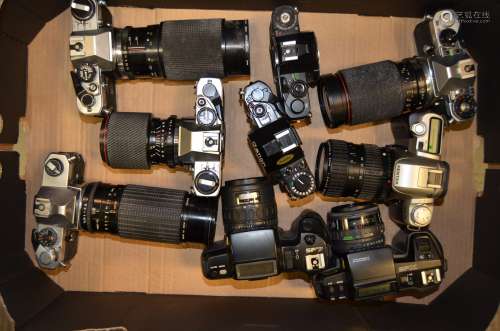 A Tray of SLR Cameras and Bodies, including Pentax ME F, MX, MV1 body, MZ-10, SF7, SFX, Olympus OM10