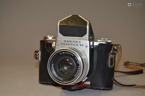 A Hanimex Praktica 6 x 6cm Roll Film SLR Camera, serial no 20530, prism viewfinder, shutter