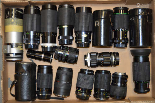 A Tray of Independent Zoom Lenses, including Hanimex, Hoya, Makinon, Miranda, Osawa, Prakticar,