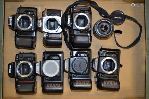 A Tray of Nikon AF SLR Bodies, a Nikon F90x, a Nikon F-801s, a Nikon F-601, Nikon F401s (two