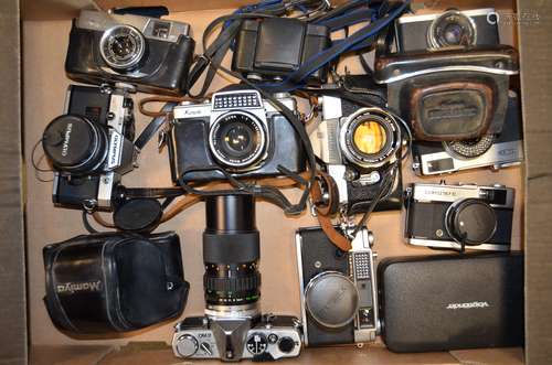 A Tray of SLR and Compact Film Cameras, including a Petri Penta V6 , a Kowa Model E, a Mamiya ZE ,