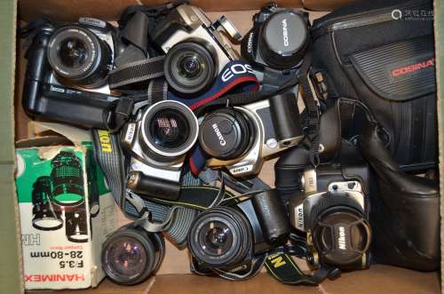 A Tray of Modern SLR Cameras, including Canon EF-M, Canon EOS 500N, Canon EOS 300D DSLR, Cosina