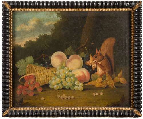 English Provincial School 19th Century- Red squirrel, hazelnuts, fruit and a basket,