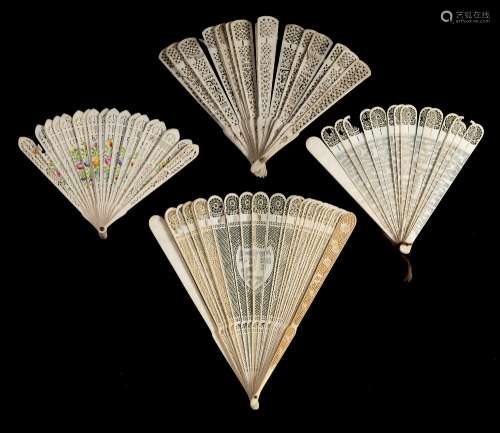 Four 19th century Chinese pierced ivory brise fans: various sizes,