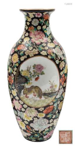 A Chinese famille noire millefleur medallion vase: of slender ovoid form,