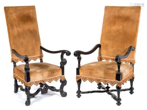 A pair of ebonised open armchairs in the William and Mary taste:,