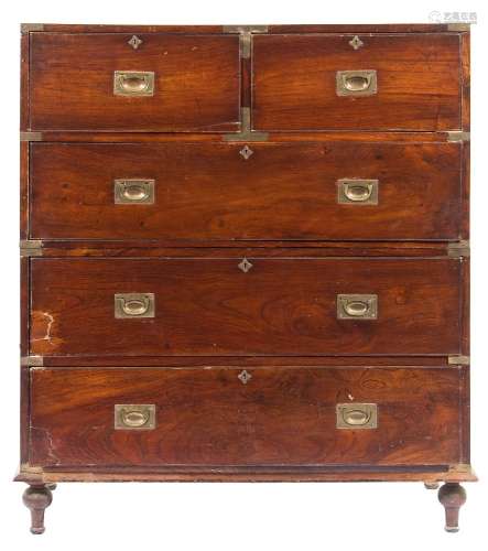 A 19th Century teak and brass bound military chest:, in two parts,