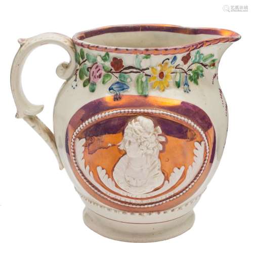 An early 19th century pearlware commemorative jug 'Success To Queen Caroline': decorated in pink