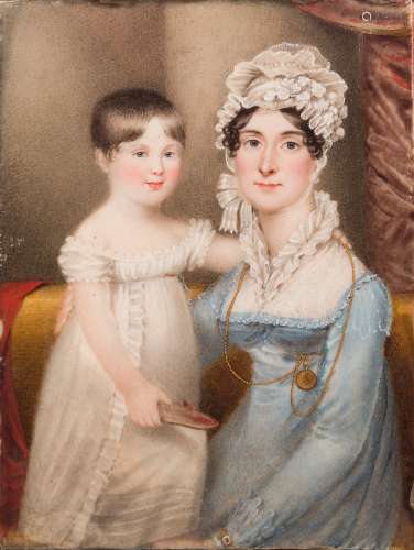 English School early 19th Century- Miniature portrait of Mary Lacey and her son Charles as a child,