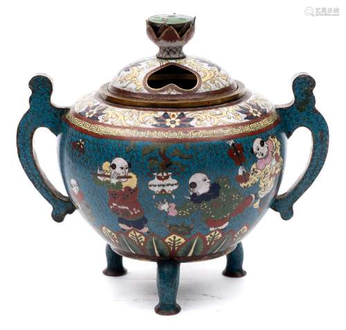 A late 19th century Chinese cloisonne censer and cover: of globular form,