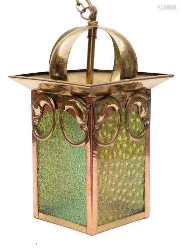 An Arts and Crafts copper and brass hall lantern: of rectangular outline,