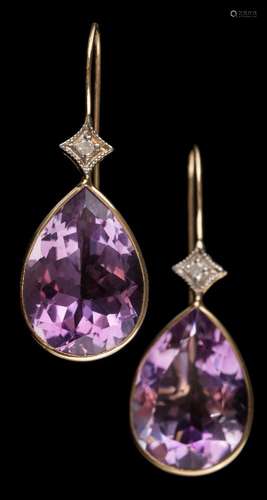 A pair of modern pear-shaped amethyst and diamond two-stone earrings: each pear-shaped amethyst