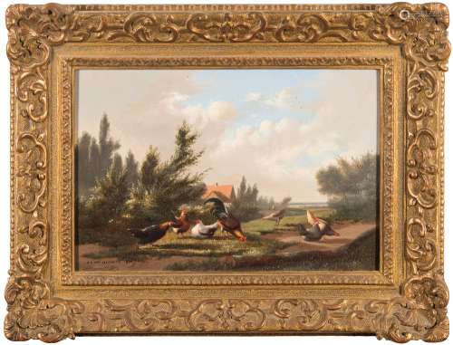 Johan Lodewijk Van Leemputten [1840-1910] - Cockerel and hens in a landscape;