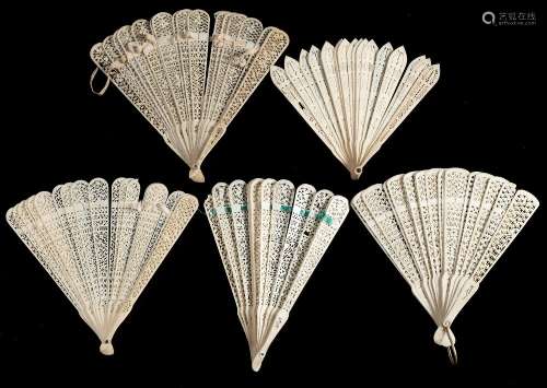 Five 19th century Chinese pierced ivory brise fans: various sizes,