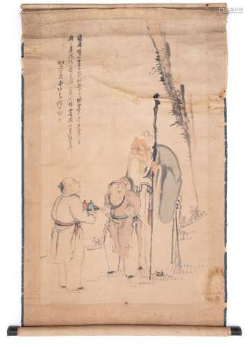 A late 18th/early 19th century Chinese scroll painting: depicting an Immortal possibly Lu Tung-pin