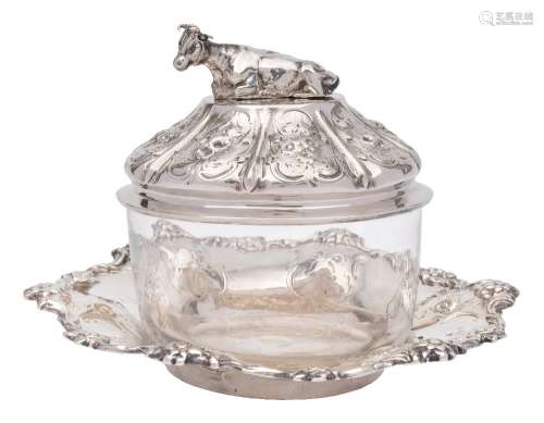 A Victorian clear glass and silver butter dish, stand and cover, maker H J LIas & Son, London,