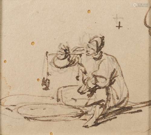 George Chinnery ]1774-1852]- A Chinese street hawker holding a hand scale; Wooden buckets and a hat,