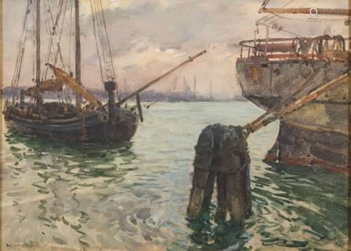 * George Owen Wynne Apperley [1884-1960]- View across a bay, ship moored in the foreground,