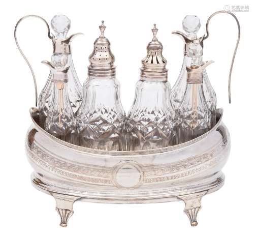 A George III silver cruet stand, maker unknown, London, 1801: of barge-shaped outline,